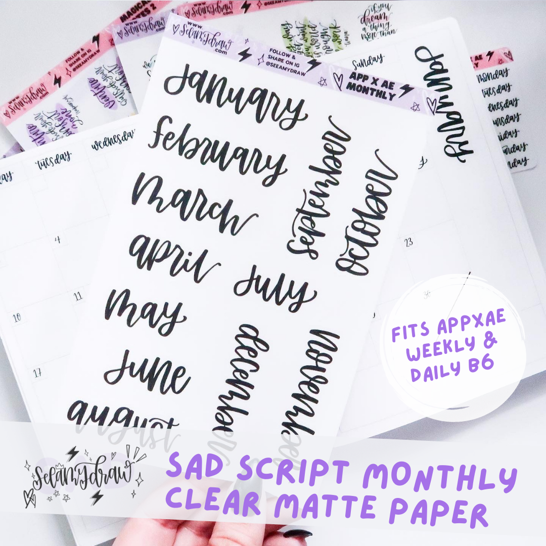 SAD Script Days of the Week  Clear GLOSSY Sticker Sheet – See Amy Draw