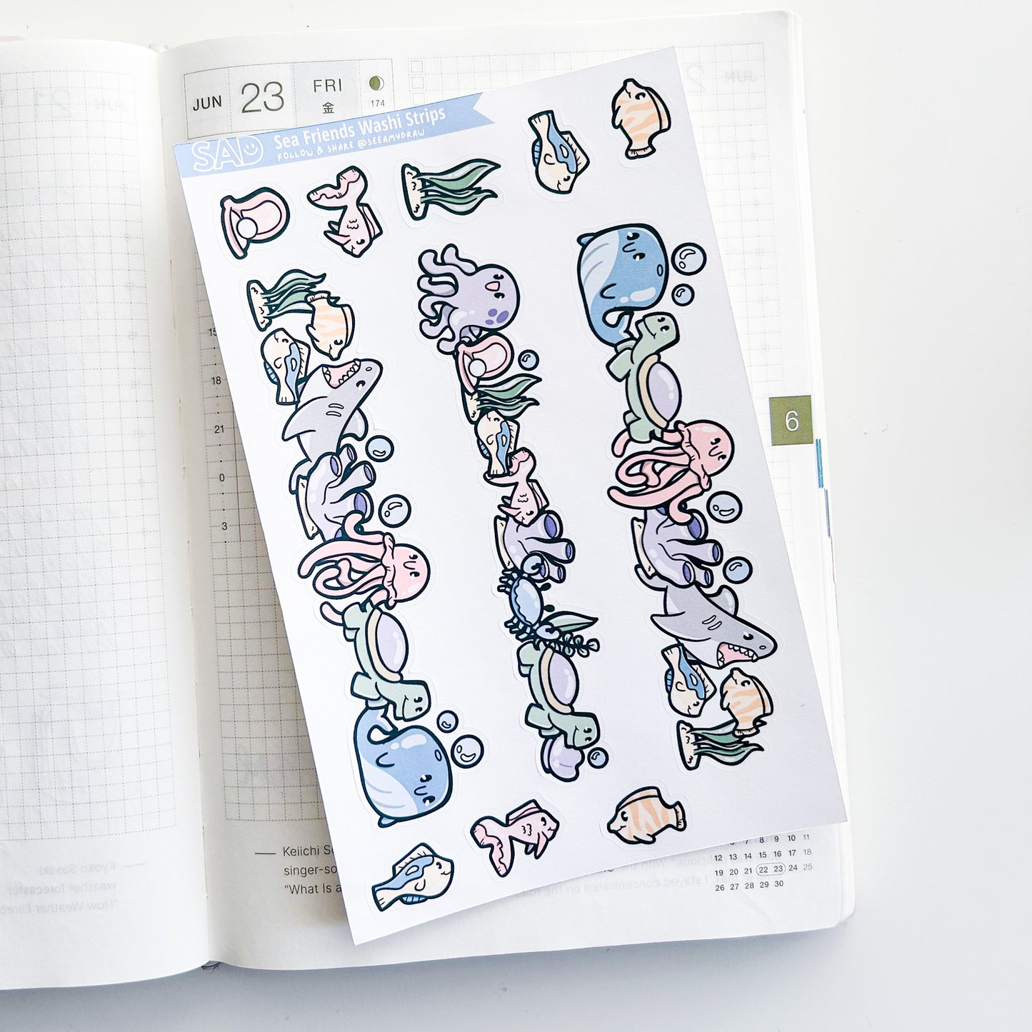 LG002 Sea Friends Washi Strips for Large Planners | Regular Matte or Clear Matte